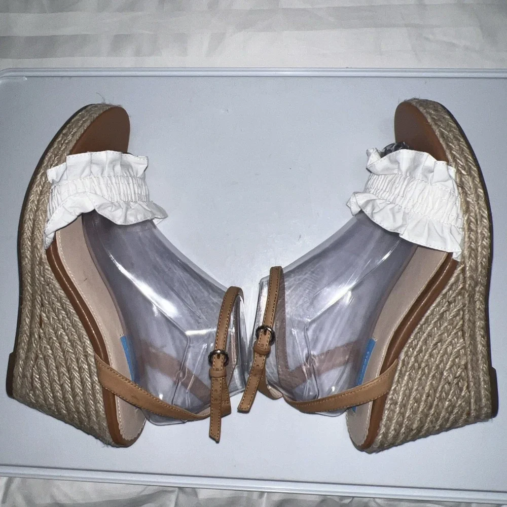 Draper James Abigail White Ruffle Espadrille Wedge Leather Sandals  Women 10